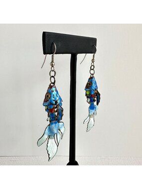 Chinese Export Enamel Articulated Fish Earrings Sterling Ear Wires Brass